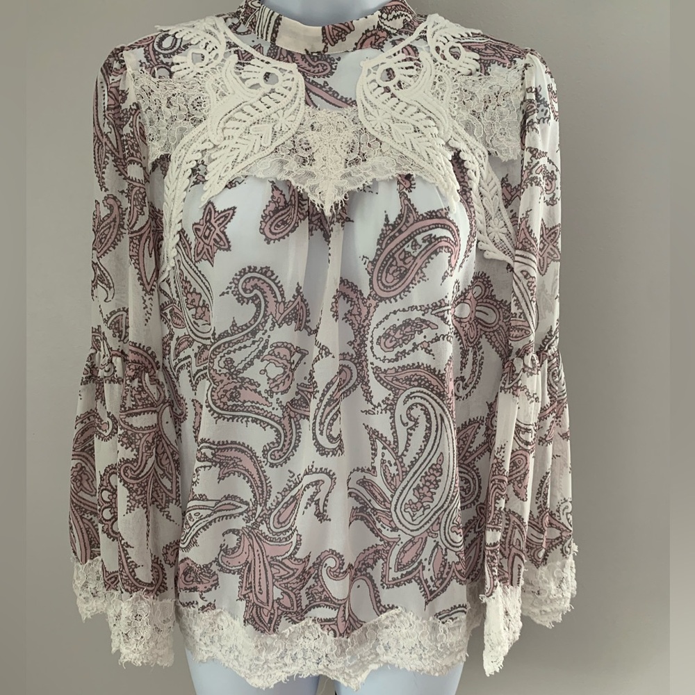 LOFT Lace Patterned Bib Collar Blouse in Taupe and Pink